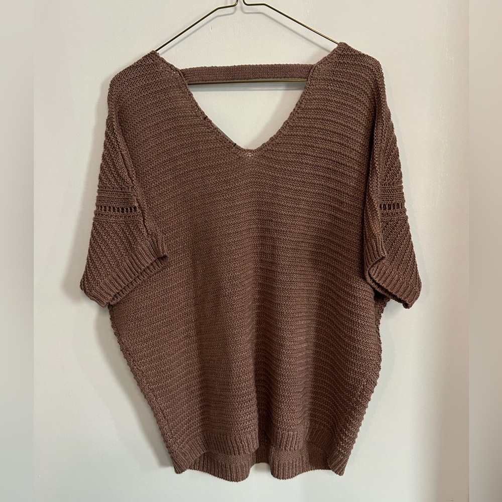 Black Tape_ V-Neck Knit Poncho Sweater in Mauve Brown - Picture 3 of 7